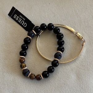 Guess Black Beaded Bracelet with Gold Rope Chain Bracelet